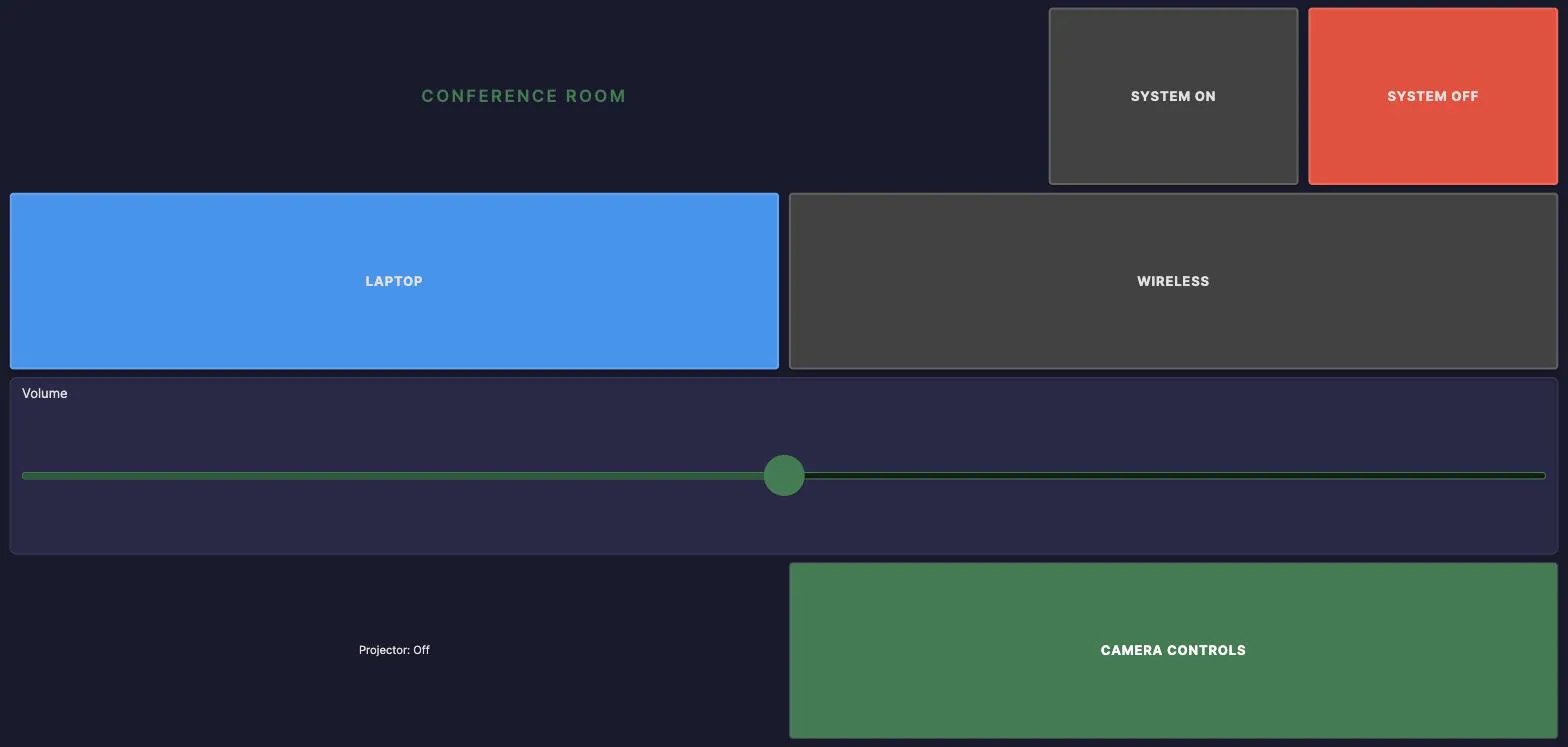 A conference room panel restyled by a project stylesheet. The room title and page navigation are in the customer green, the buttons are square cornered and uppercase while keeping the colors that report system and source state, and the volume slider is filled in green